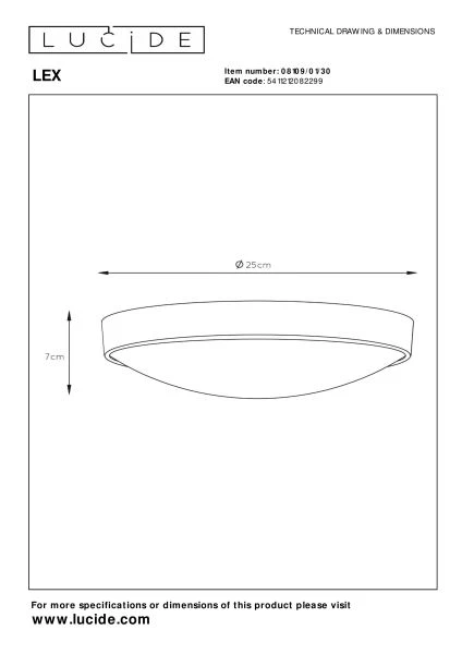 Lucide LEX - Deckenleuchte - Ø 25 cm - 1xE27 - Schwarz - TECHNISCH